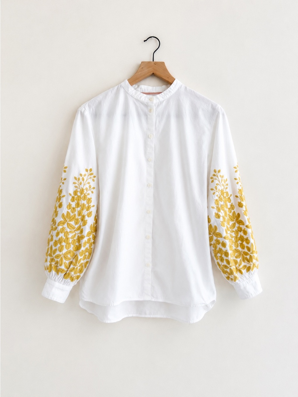 Boden White Leafy Embroidered Bishop Sleeve Shirt US 6P